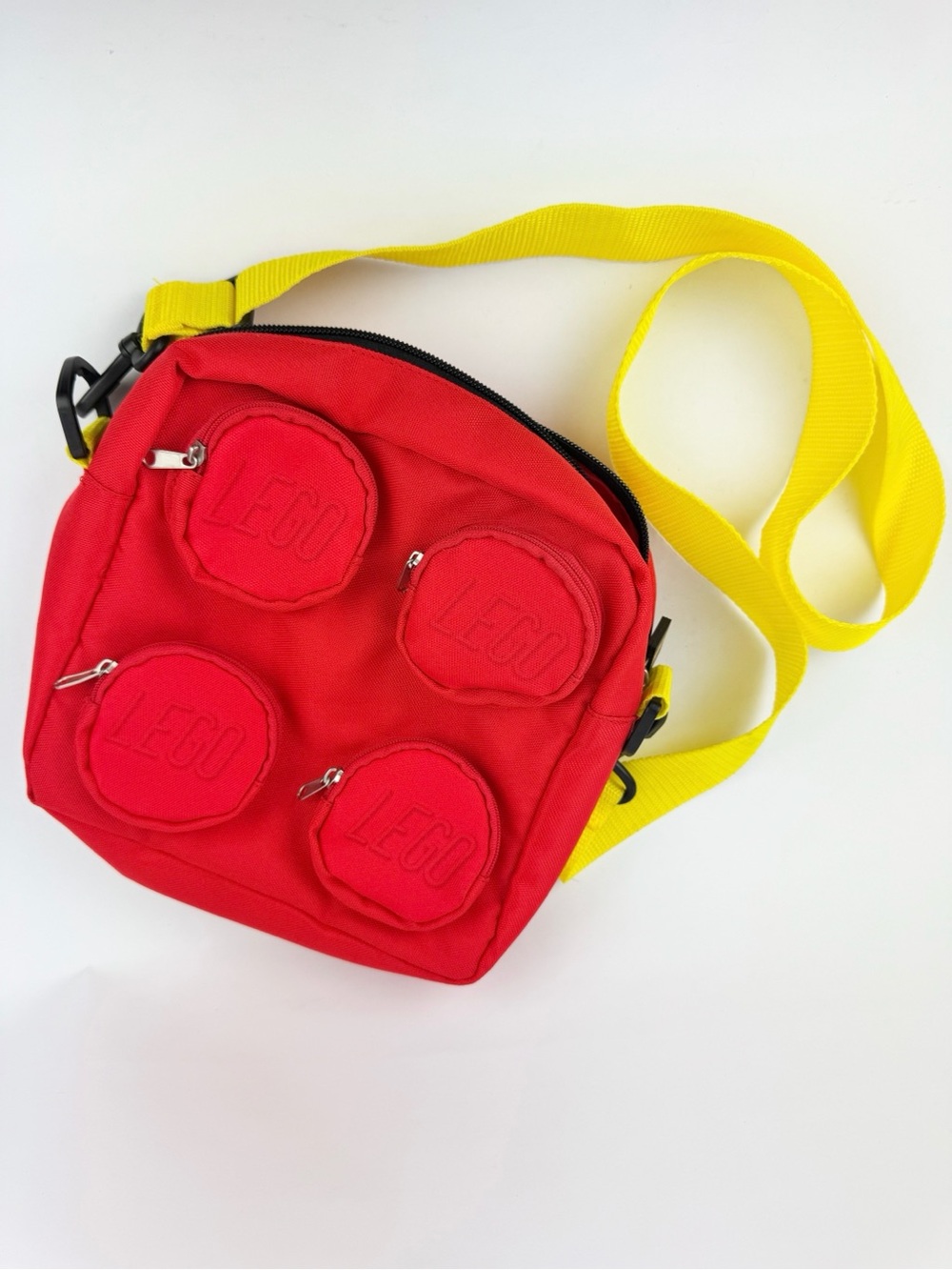 LEGO Masters Red Crossbody Bag with Yellow Strap and Brick Pockets